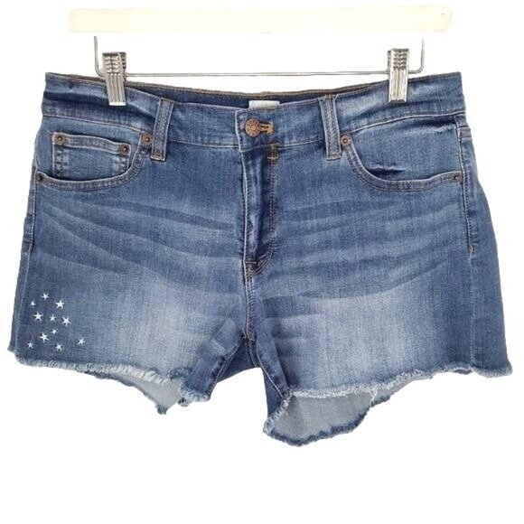 J. CREW Shorts Sz 29 Denim Raw Hem Boho Blue Midrise Embroidered Stars Sky Night - Picture 1 of 6